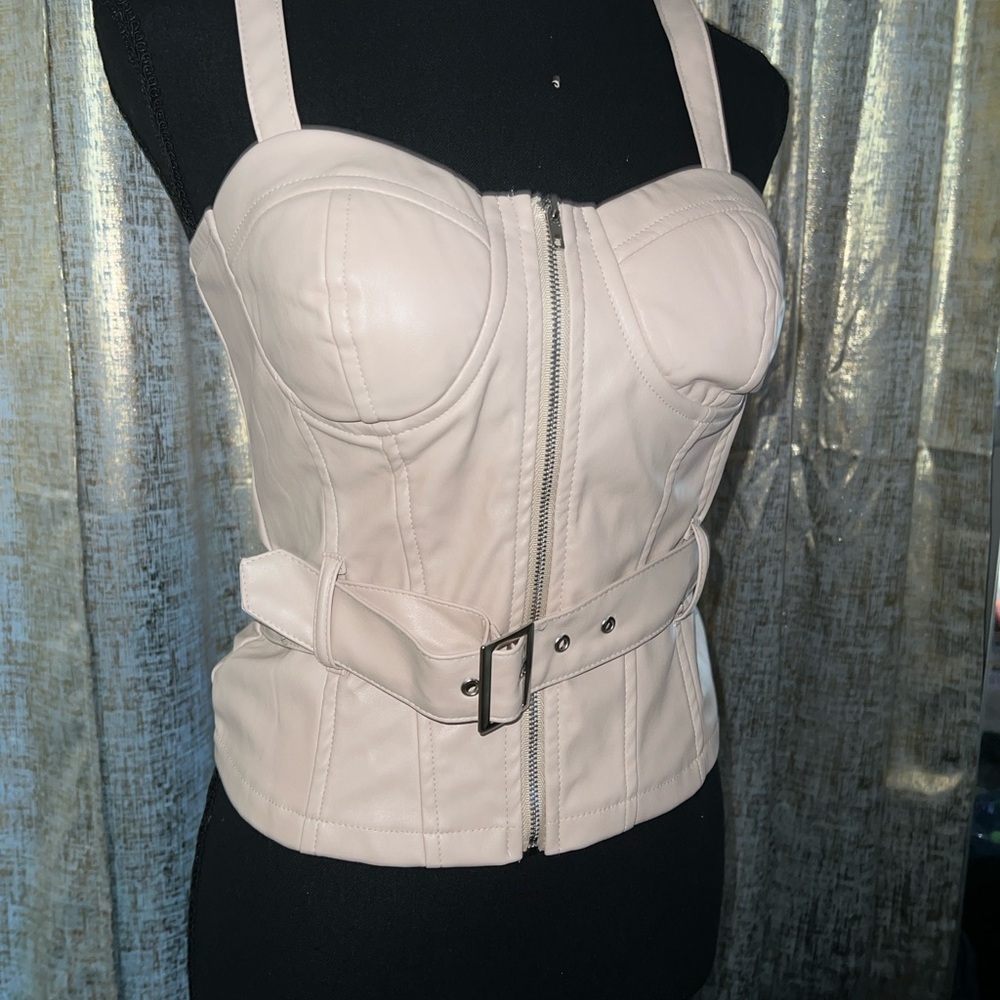 Cream Faux Leather Corset Top with Belt